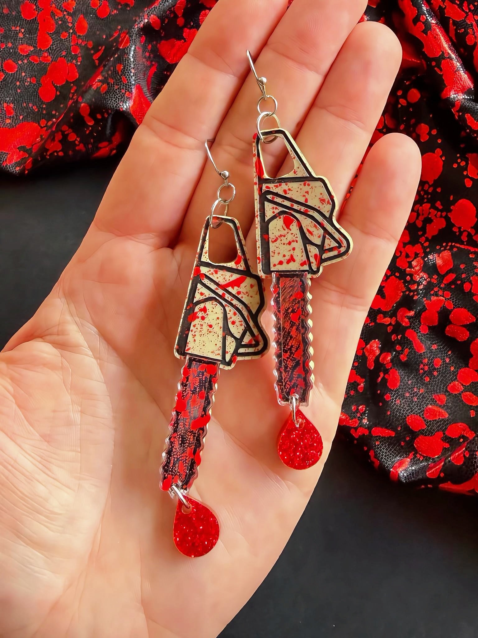 Bloody Chainsaw Earrings - Slasher Halloween Horror Dangle Jewelry