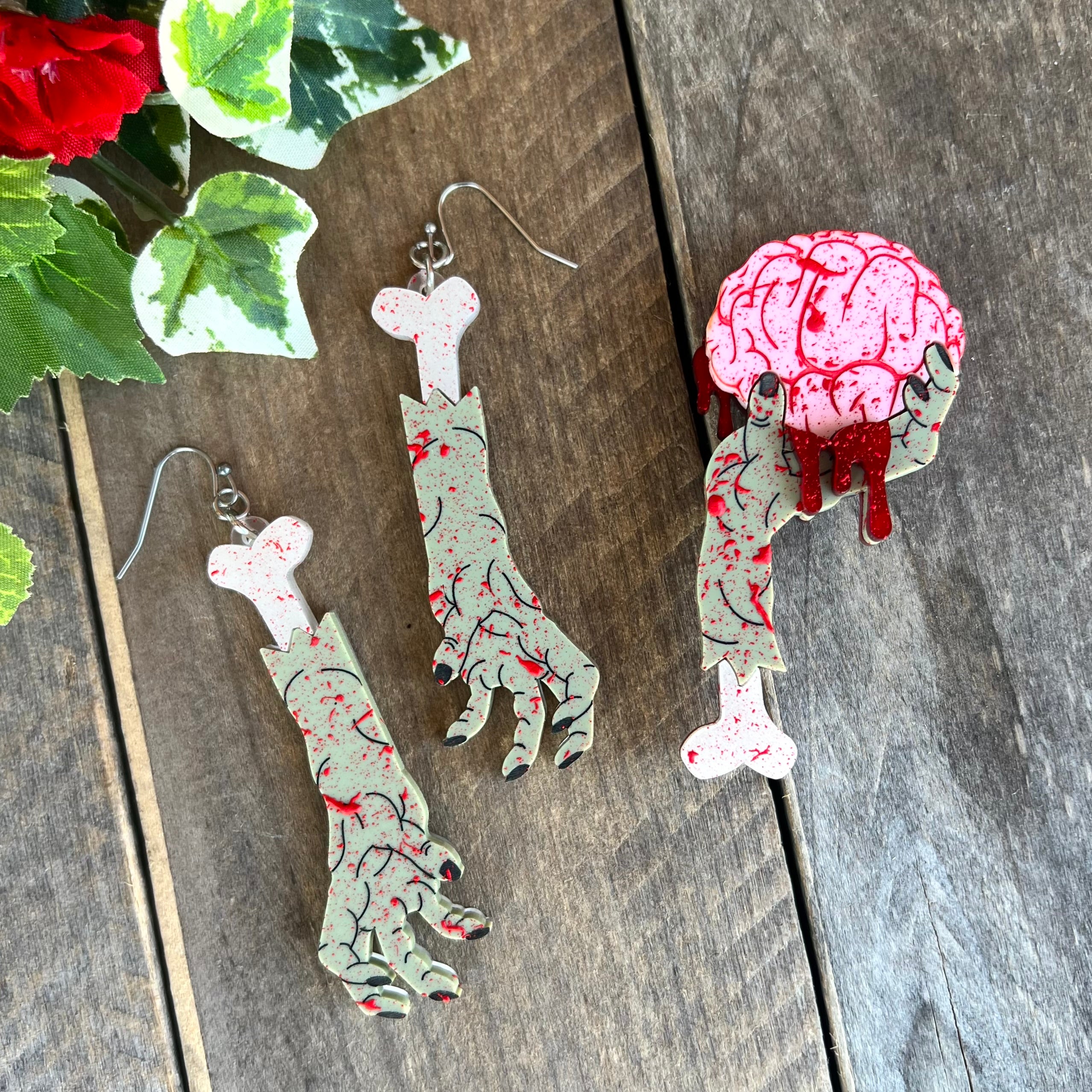 Zombie Brains Brooch & Earring Set