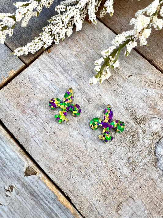 Mardi Gras Glitter Fleur De Lis Stud Earrings